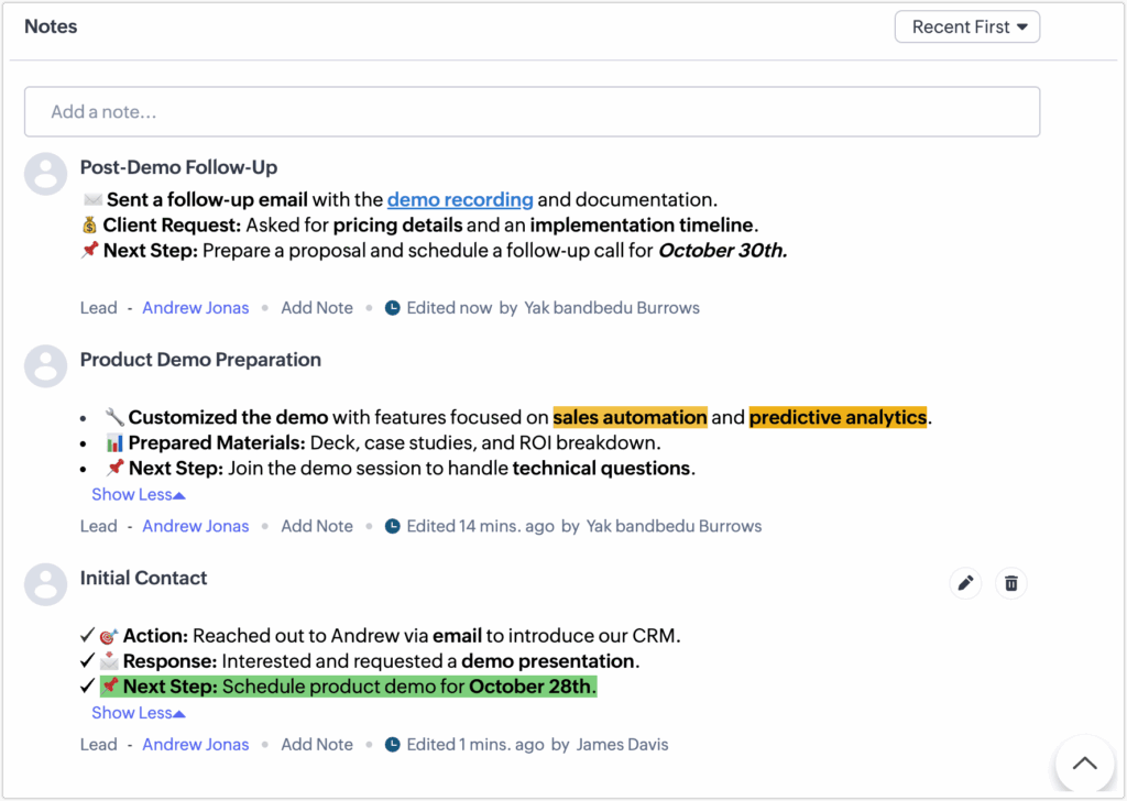 Zoho CRM update August 2025 Sales Force Automation Notes